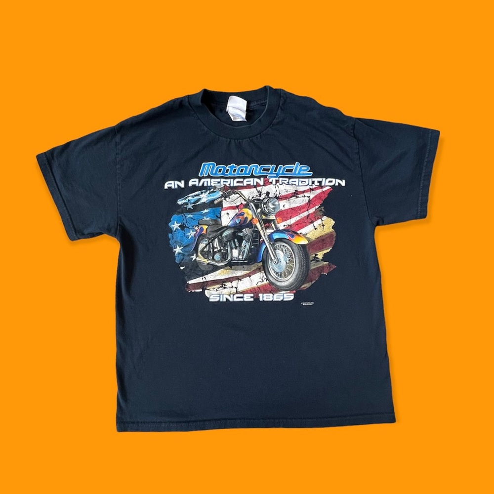 Vintage Motorcycle An American Legend Graphic T-Shirt Y2K Men Blue Size Large